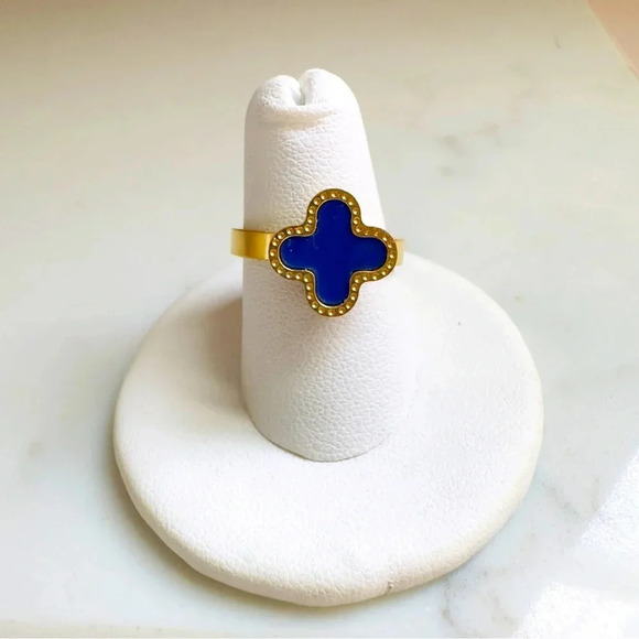 NWOT High Quality Stainless Steel Four Leaf Clover Lapis Lazuli Ring Sz 7 - Picture 5 of 5